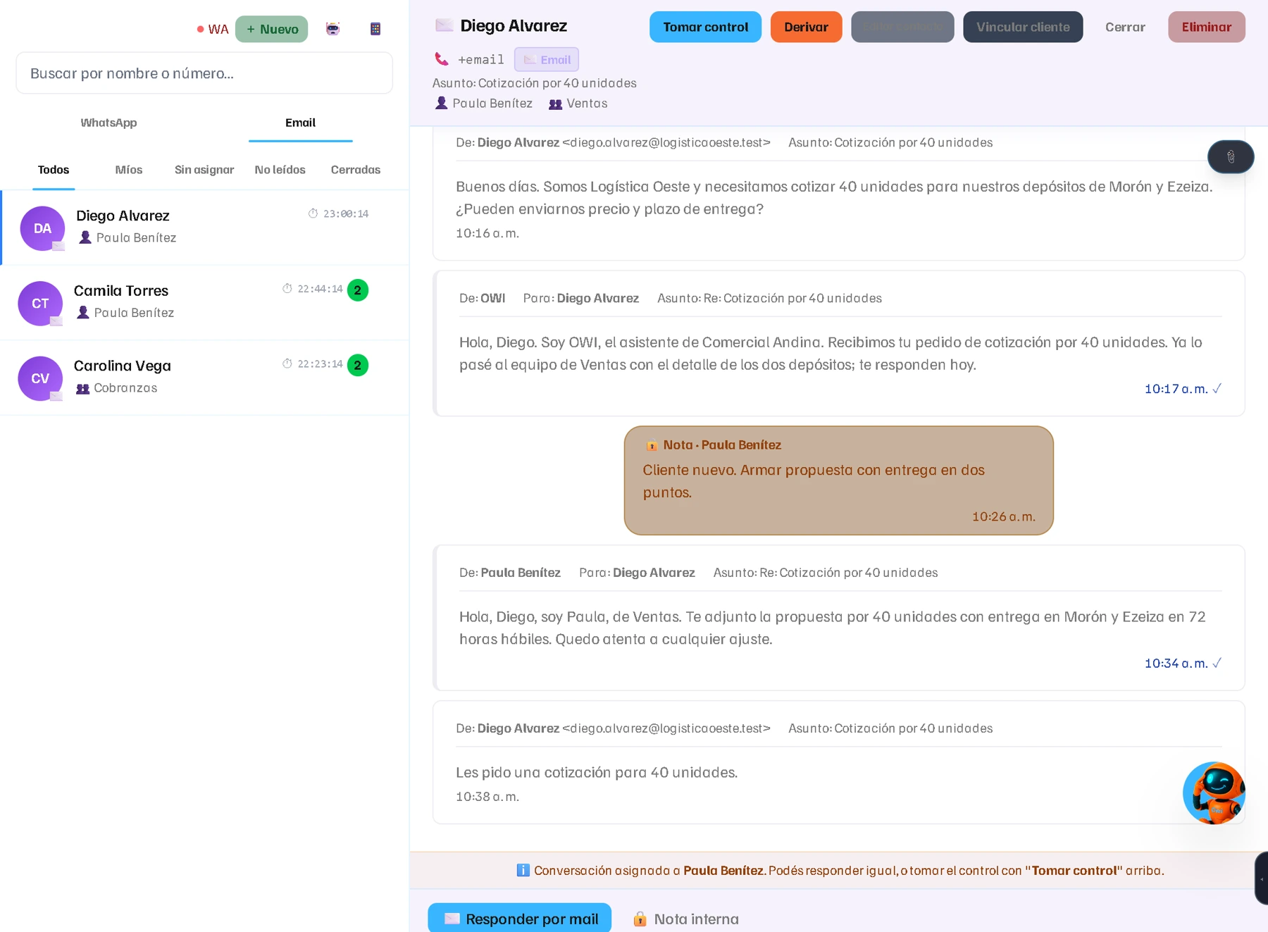 Vista de Email con datos de demostración