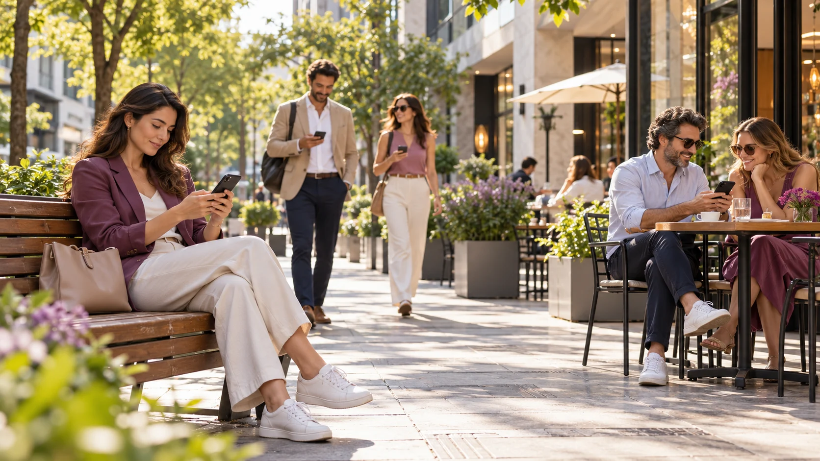 Escena ilustrativa de personas en una plaza urbana con comercios